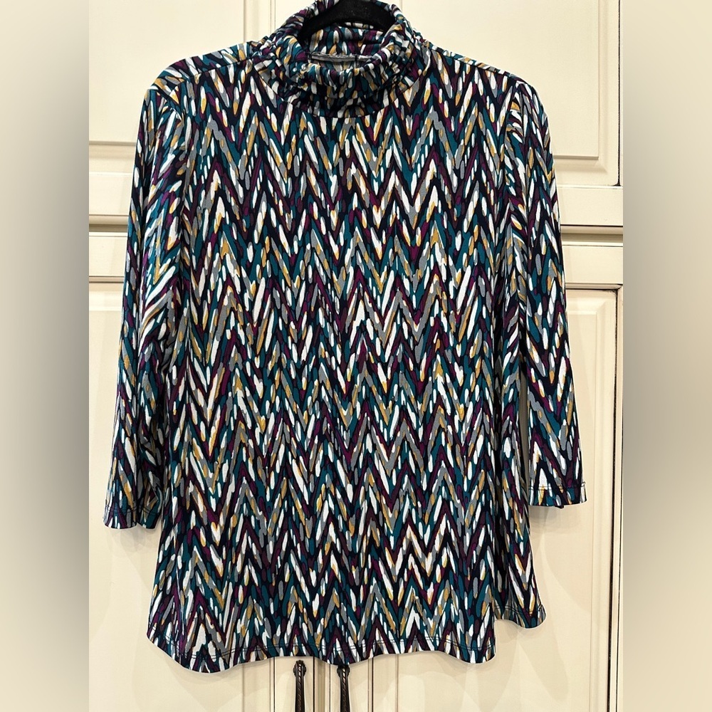 Womens Abstract Chevron Print Mock Neck Top 3/4 Sleeve Teal Purple Mustard Multi
